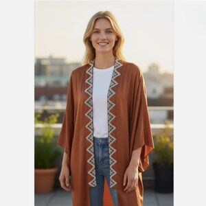 WILDSEA Copper Brown Satin Hand Beaded Boho Kimono Topper Jacket